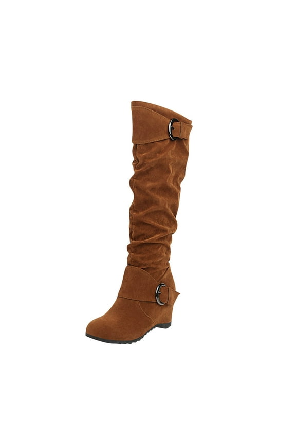 Boots for Women Verugu Chunky Heel Knee-High Boots for Women, Women Wedge Height Increase Shoes High Heel Solid Slip-on Winter Warm Belt Buckle Knee-length Knight Boots Brown 37