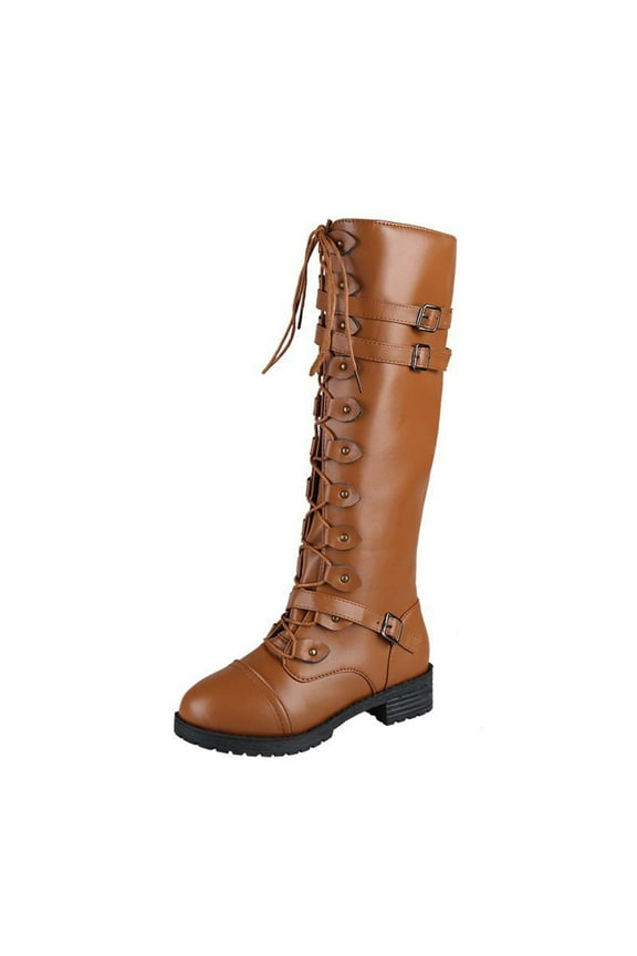 Boots for Women Verugu Low Heel Comfort Winter Boots Women Knee-High Boots European And American Thick Heel Women Shoes Belt Buckle High Boot Large Size Women Knight Boot Brown 43