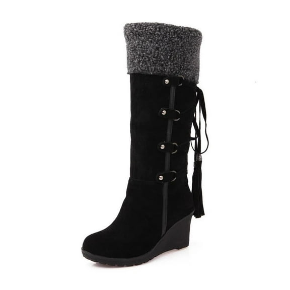Boots for Women Verugu Low Heel Comfort Winter Boots Women's Knee-High Boots Women Boots Retro Lace Up Shoes Casual Flat Wedge Heel Boots Plus Size Zipper Snow Boots Black 40