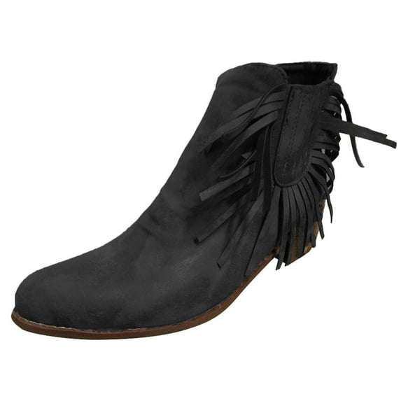 Boots for Women Clearance Deals! Verugu Western Cowboy Low Heel Comfort Bootie Ankle Boots for Women, Women's Vintage Tassels Up Short Boots Midheel Boots Black 41