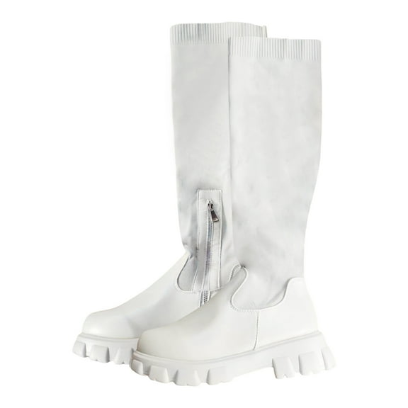 Boots for Women,Elegant Over-The-Knee Boots with Stretch Mesh Round Toe Zipper Closure and Thick High Heel for Stylish Long Wear,Knee High Boots Women,Beige6.5