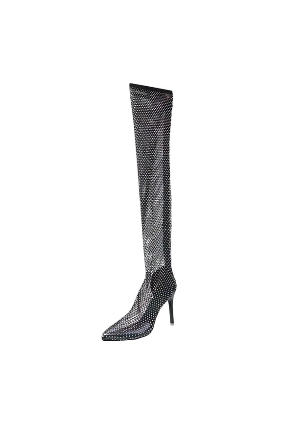 Boots for Women,Elegant Pointed Toe Stiletto Over The Knee Boots Stretch Fit Evening Party Dress Thigh High On Sparkling Fishnet Design High Heel,Knee High Boots Women,Black,6