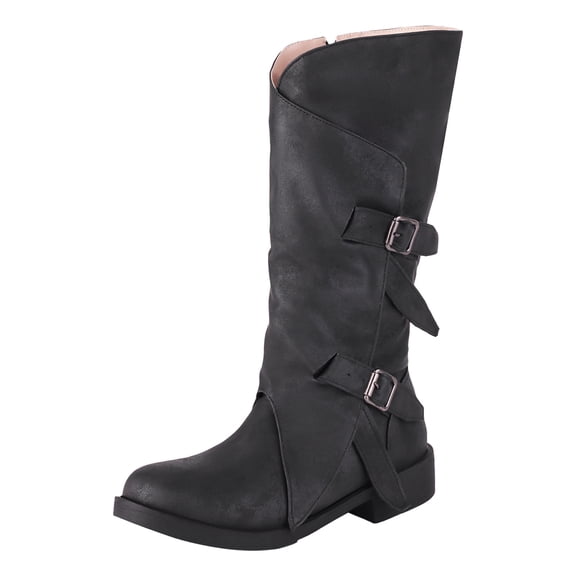 Boots for Women,Foreign Trade Autumn Winter Women Mid-Calf Boots with Belt Buckle Low Heel Round Toe Design for Comfortable All Day Wear,Knee High Boots Women,Black6.5