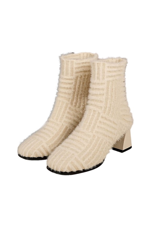 Boots for Women,Knit Sock Heel Ankle Boots Fashion Square Toe Mid Calf Booties On Comfortable Casual Winter Footwear Durable Lightweight Design,Knee High Boots Women,White,9.5