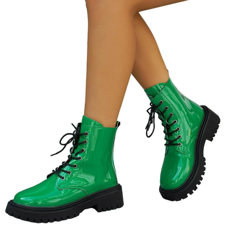 Boots for Women Ladies Leather Round Toe High Heel Solid Color Glossy Strap Mid Size Boots Ankle Boots for Women Ladies Fashion Retro Classic Booties Ankle Boots Short Walmart