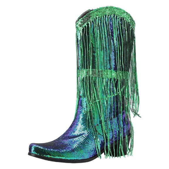 Boots for Women,Mid Calf Boots with Elegant Sequin Patterns and Decorative Tassels Featuring Pointed Toe Design and Comfortable Thick Heels for Easy On Wear,Knee High Boots Women,Green7