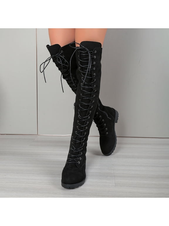 Boots for Women Plus Size Lace-Up Round Toe Low Block Heel Knee High Boots Side Zipper Adjustable Metal Buckle Vintage Punk Street Style Comfort Fall Winter Casual Outdoor Party Wear
