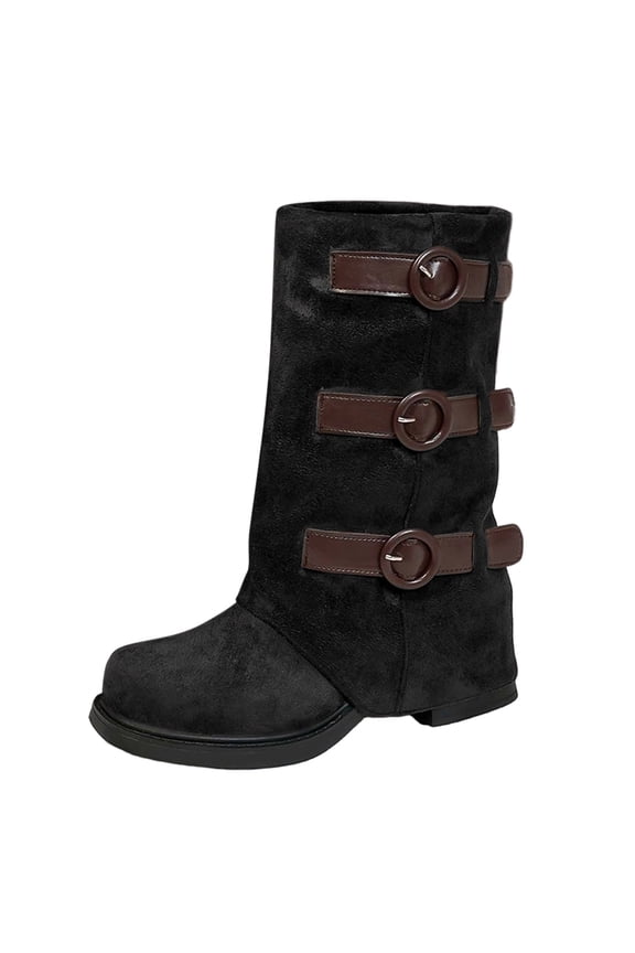 Boots for Women,Retro Heel Winter Women Mid Calf Boots With Decorative Buckle Design For Overseas Trade Fashion Footwear,Knee High Boots Women,Black,8