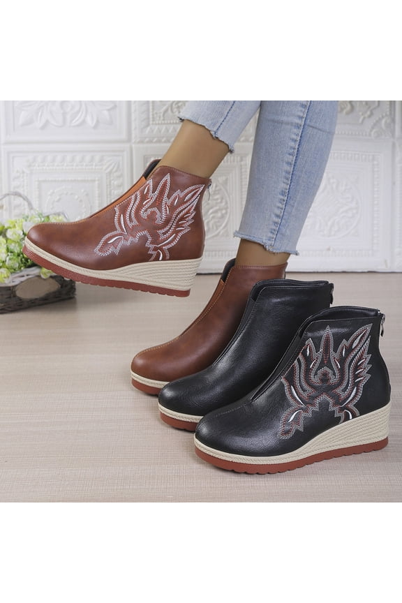 Boots Women Round Toe Wedge Thick Sole Boho Ankle Short Boots Women's Fashionable Casual Versatile Fall Winter Comfortable Dressy Boots