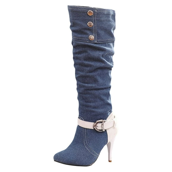Boots for Women,Stylish Denim High Heel Knee High Boots For Women Fashionable Large Size Western Ankle Support Footwear Comfortable Durable Design,Knee High Boots Women,Blue8.5