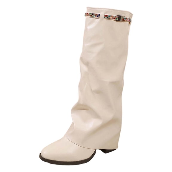 Boots for Women,Stylish Foreign Trade Pleated High Heel Mid-Calf Boots Featuring Heel Plus Size British Design High Top Leg,Knee High Boots Women,White,10.5