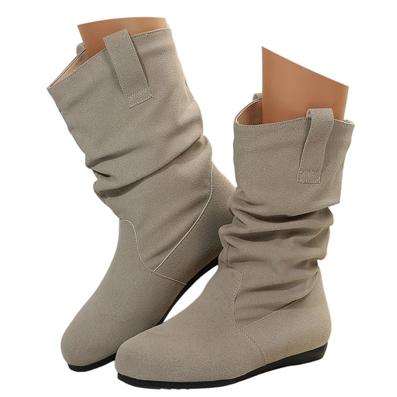 Boots for Women,Stylish Ladies Mid Calf Boots with Round Toe Flat Sole Design Comfortable Everyday Wear Versatile Solid Color Footwear for Women,Knee High Boots Women,Grey8.5