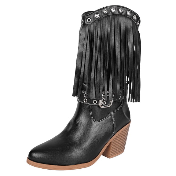 Boots for Women,Stylish Mid Calf Boots Featuring Fringe Details And Metal Buckle With A Comfortable Heel And Convenient On Design For Everyday Casual Outfits,Knee High Boots Women,Black,8