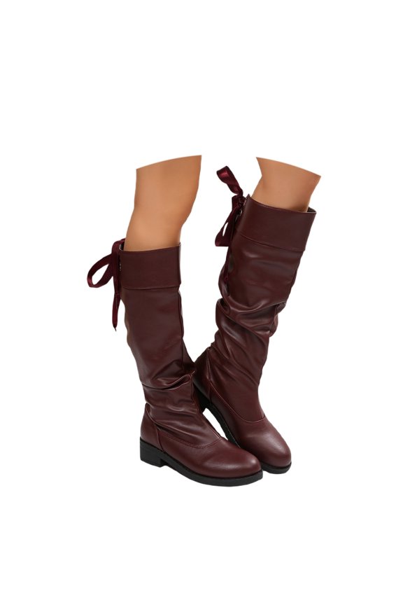 Boots for Women,Stylish Mid Calf Riding Boots With Block Heel Square Toe Fold Detail And Decorative Back Bow Zipper Closure For Women,Knee High Boots Women,,5.5