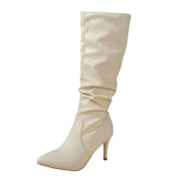 Boots for Women,Stylish Pointed Toe Stiletto Knee High Boots with Buckle Detail for Women Elegant Riding Dress Boots Ideal Fall and Winter Season,Knee High Boots Women,White,8.5