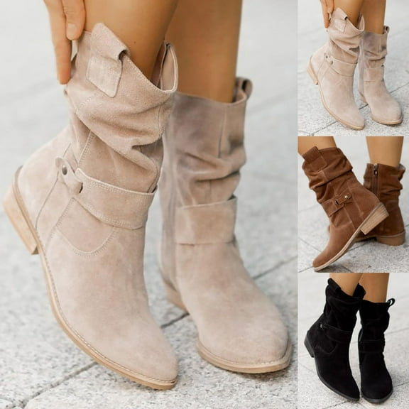 Boots for Women TKYCMSUAKI Western Boots for Women Slouchy Mid Calf Boots Pointed Toe Pull-On Flat Boot Wide Calf Dressy Boots Trendy Stylish Boots Girls Ladies Retro Short Boot