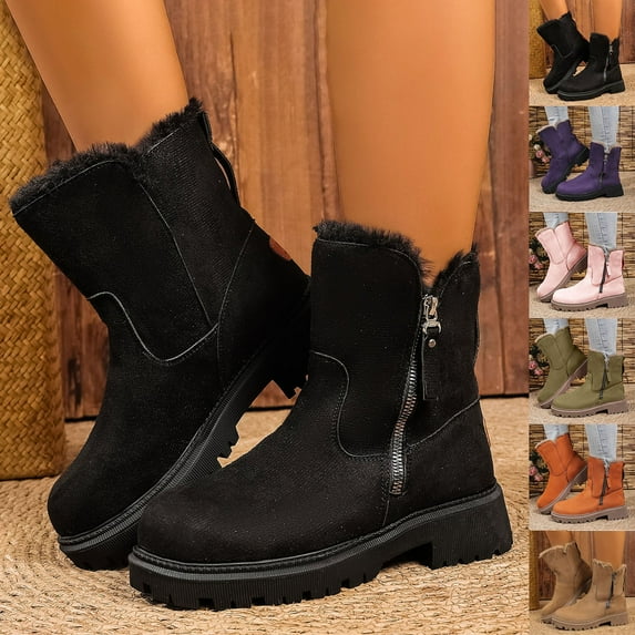 Boots for Women with Thickened Velvet Chunky Heel Round Toe Cozy Snow Short Boots Women's Trendy Casual Winter Warm Short Boots Solid Color Winter Shoe Brown 8.5