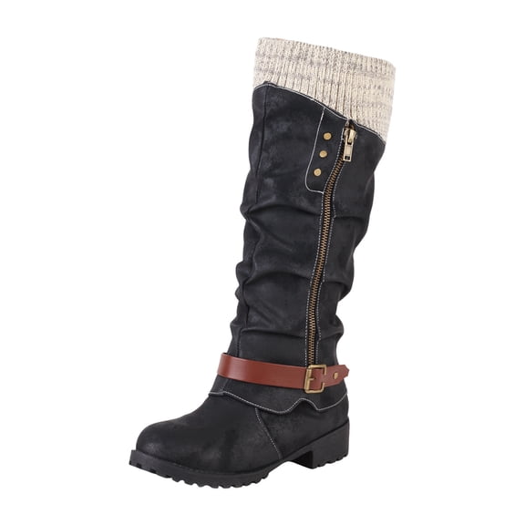 Boots for Women,Winter Knitted Mid-Calf Boots with Side Zipper Color Block Design and Low Heel Comfortable Footwear for Cold Weather,Knee High Boots Women,Black7.5