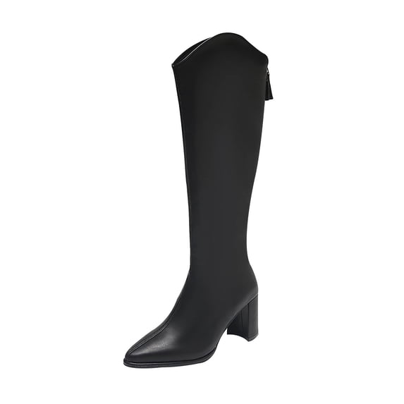Boots Zip-Up Knee high boots for women Width Leather High Heel Block knee high boots Dress Black