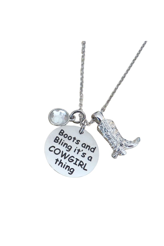 Boots and Bling It's a Cowgirl Thing" Stainless Steel Disc with Crystal Charm and 3-D Cowgirl Boot Pendant Necklace 16"
