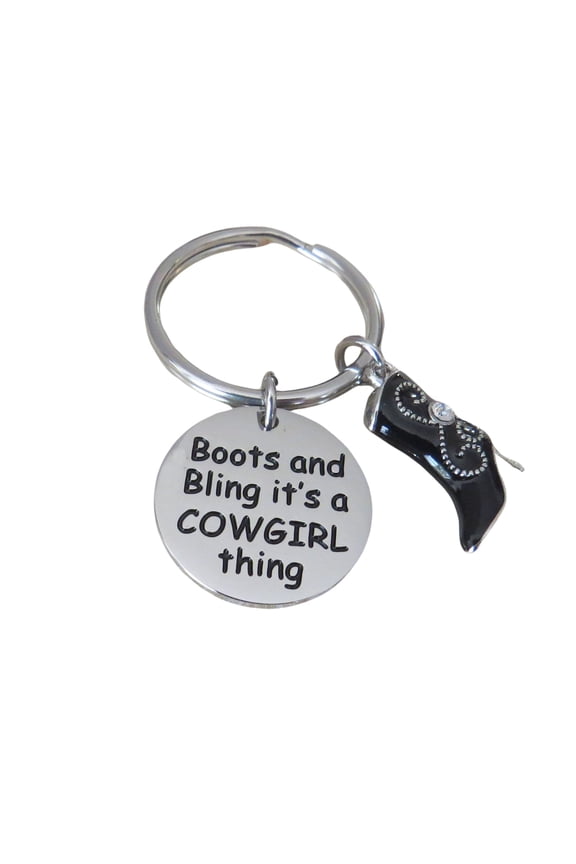 Boots and Bling Its a Cowgirl Thing Stainless Steel Keychain with 3-D Black Enamel Cowgirl Boot Charm