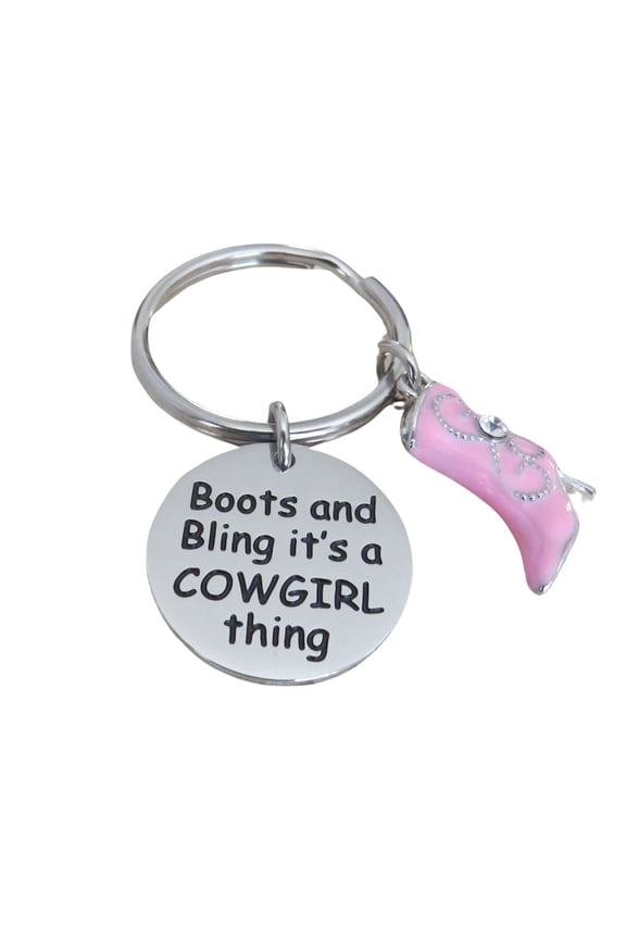 Boots and Bling Its a Cowgirl Thing Stainless Steel Keychain with Pink 3-D Enamel Cowgirl Boot Charm