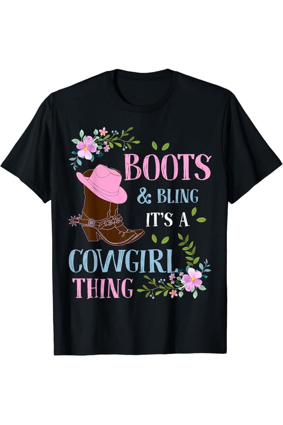 Boots and Bling Western Aesthetic T-Shirt - Pink Floral Country Style Rodeo Graphic Tee for Women - Retro Southern Fashion Short Sleeve Apparel