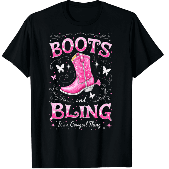 Boots and Bling its a Cowgirl Thing Rodeo Love Country Girls Graphic Black T-Shirt for Men and Women
