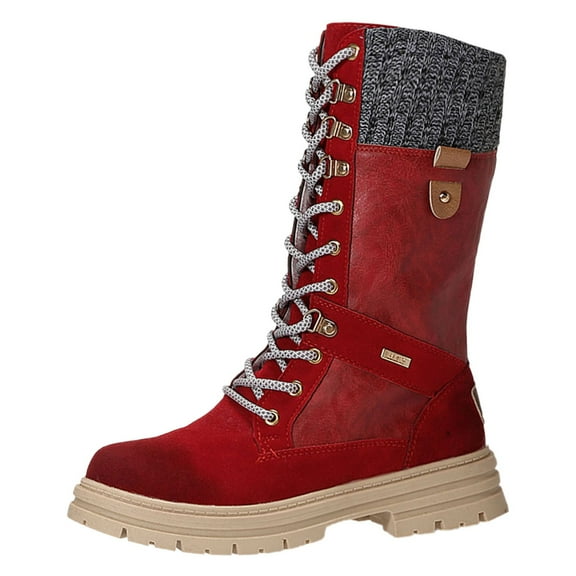Boots for Women,Autumn Winter Fashion Lace Up Mid Calf Boots with Wool Collar and Heel Design for Women,Knee High Boots Women,Red6.5