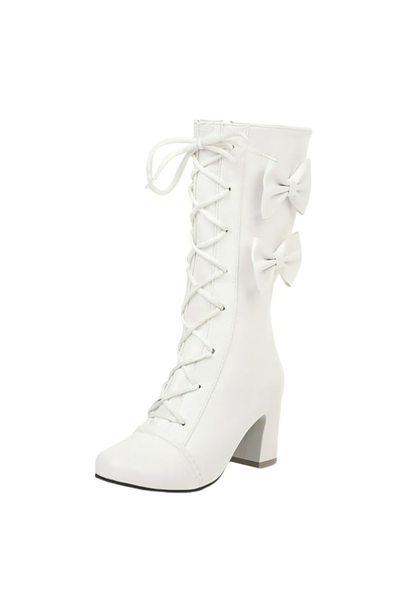 Boots for Women,Autumn Winter Korean Style Women Bowknot Heel Mid Calf Boots Fashion Student Footwear Comfortable Design,Knee High Boots Women,White9