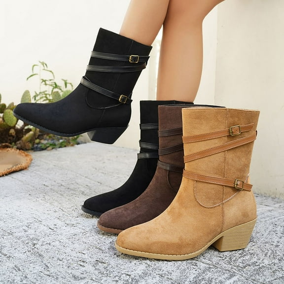 Boots for Women Chunky Heel Pointy Toe Mid Calf Boots with Side Zipper Women's Fashion Casual Versatile Warm Fall Winter Shoes Black 6.5