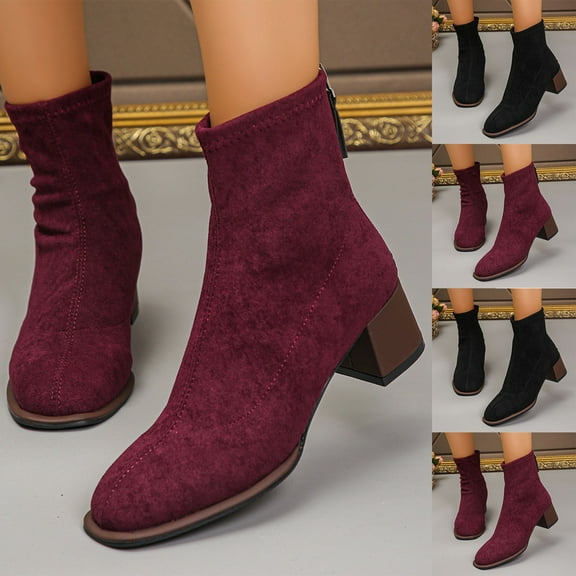 Boots for Women Chunky Heel Square Toe Mid Heel Ankle Short Boots Women Trendy Casual Outdoor Dressy Winter Warm Shoes Wine 8.5
