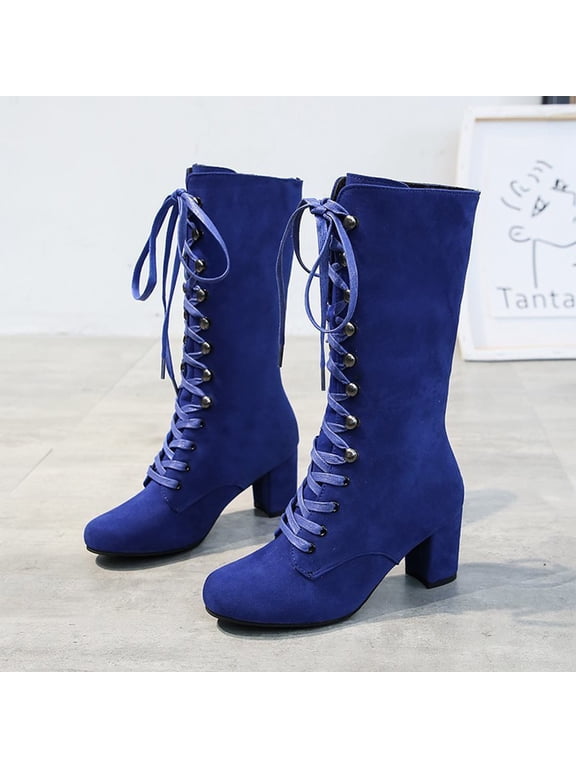 Boots for Women Chunky Heels Lace Up Mid Calf Boots Vintage Gothic Halloween Costume Witch Shoes Boots