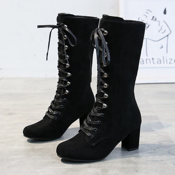 Boots for Women Chunky Heels Lace Up Mid Calf Boots Vintage Gothic Halloween Costume Witch Shoes Boots
