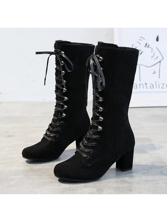 Boots for Women Chunky Heels Lace Up Mid Calf Boots Vintage Gothic Halloween Costume Witch Shoes Boots