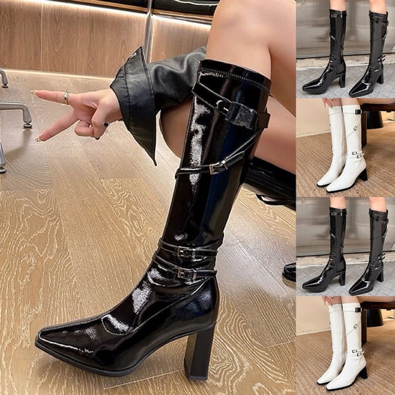 Boots for Women Chunky Mid Heel Pointy Toe Knee High Booties Fashion Casual Versatile Warm Fall Winter Comfortable Shoes for Women White 7