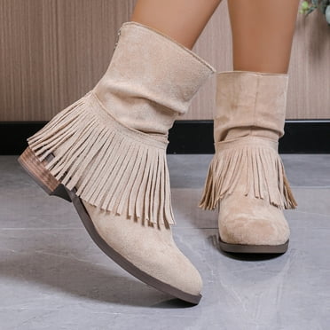 Boots for Women Clearance Deals! Itsun Women's Suede Round Toe Low Tassel Boots Womens Low Heels Beige