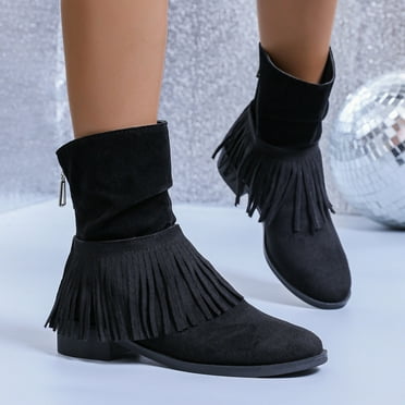Boots for Women Clearance Deals! Itsun Women's Suede Round Toe Low Tassel Boots Womens Low Heels Black