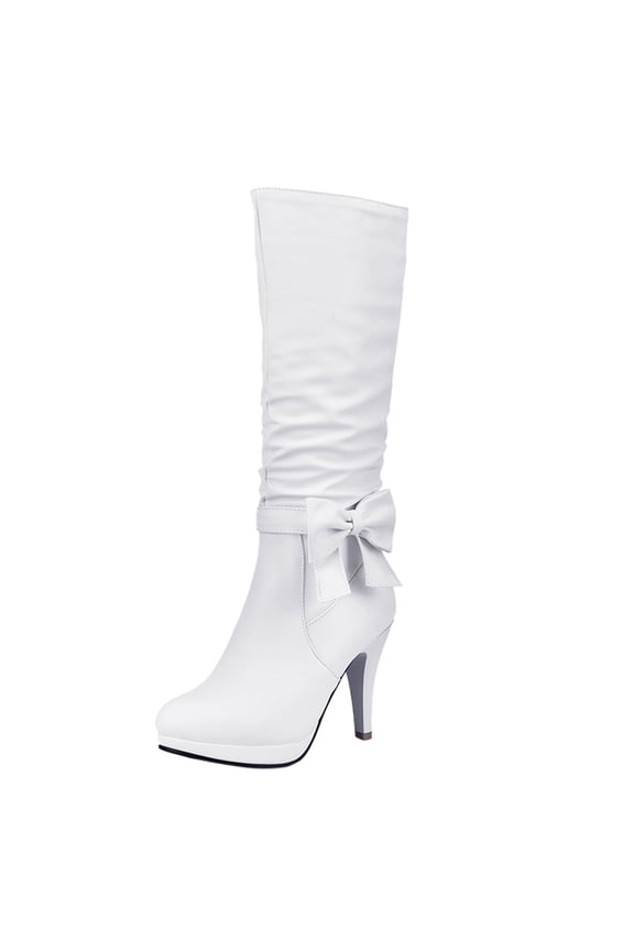 Boots for Women,Elegant Knee High Boots with Decorative Bows and Sturdy Thick Heel for Sophisticated Style,Knee High Boots Women,White7.5