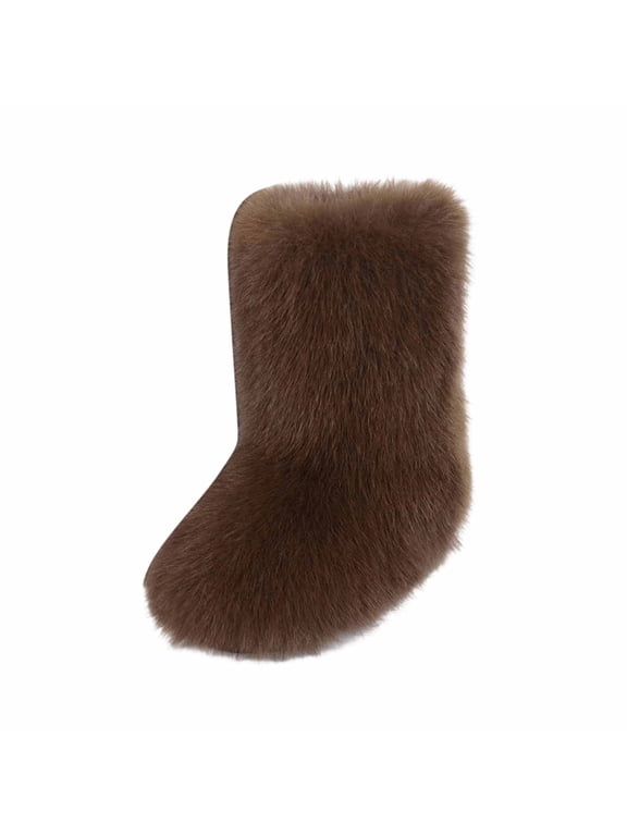 Boots for Women Furry Fuzzy Boots Round Toe Mid-Calf Winter Snow Boots Comfortable Outdoor Flat Shoes