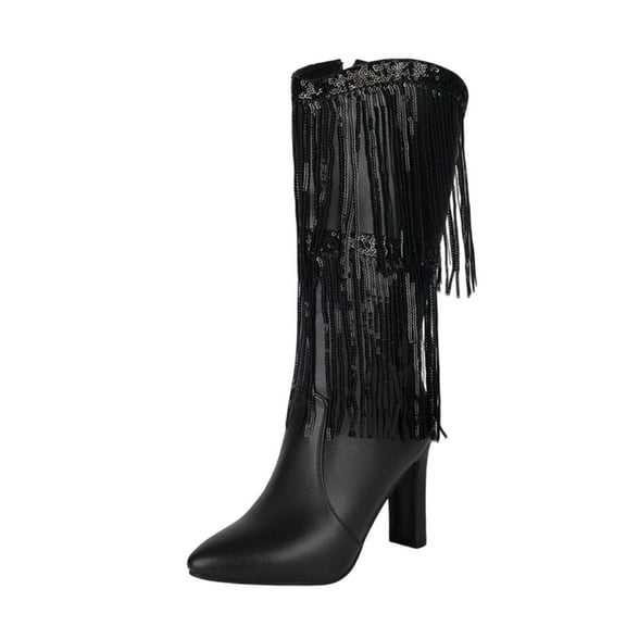 Boots for Women,Glitter Pointed Toe Heel Mid Calf Boots With Fringe Tassel Western Ankle Booties For Ladies Fashion,Knee High Boots Women,Black,6.5-7