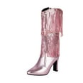 thumbnail image 1 of Boots for Women,Glitter Pointed Toe Heel Mid Calf Boots With Fringe Tassel Western Ankle Booties For Ladies Fashion,Knee High Boots Women,Pink,6.5-7, 1 of 7