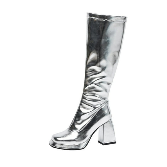 Boots for Women,Mid-Calf Platform Boots With High Heels and Convenient Side Zipper Closure for Secure Fit,Knee High Boots Women,Silver,6.5