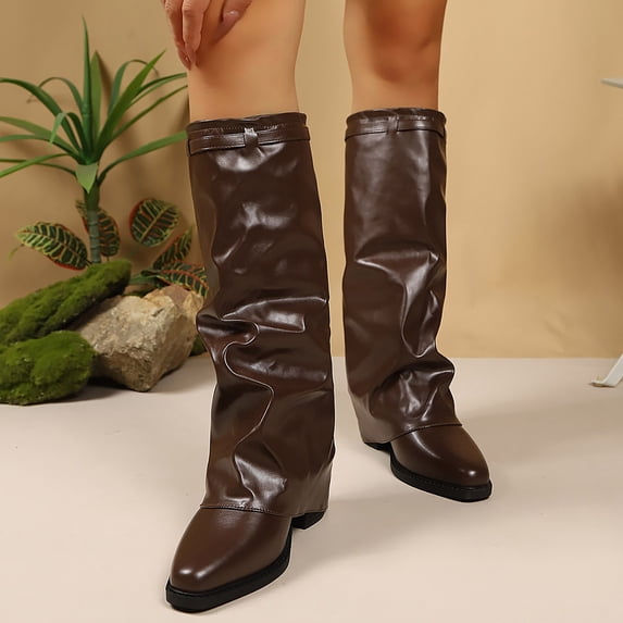 Boots for Women Mid Heel Knee High Boots Comfort Slouch Shoes with Adjustable Buckle Strap for Fall Winter Casual Outdoor Daily Wear