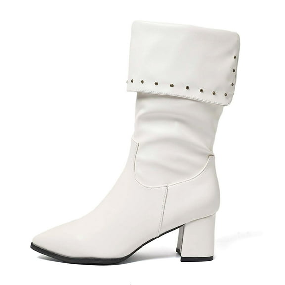 Boots for Women,Pleated Mid Calf Fashion Boots with Pointed Toe and Heel for Women,Knee High Boots Women,White,9