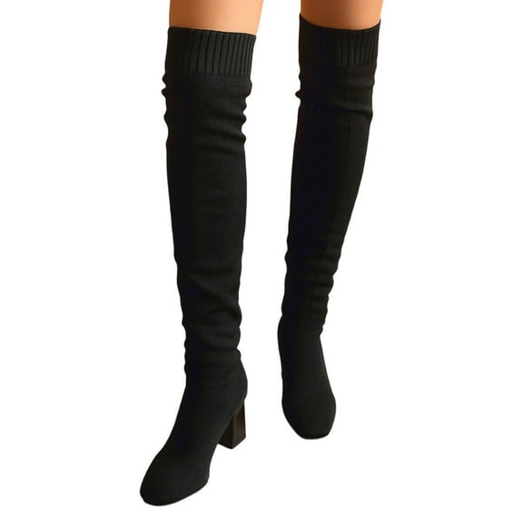 Boots for Women,Stretch Knit Mid Calf Riding Boots Pointed Toe On Heel Comfortable Winter Fashion Ladies Footwear,Knee High Boots Women,Black,6.5