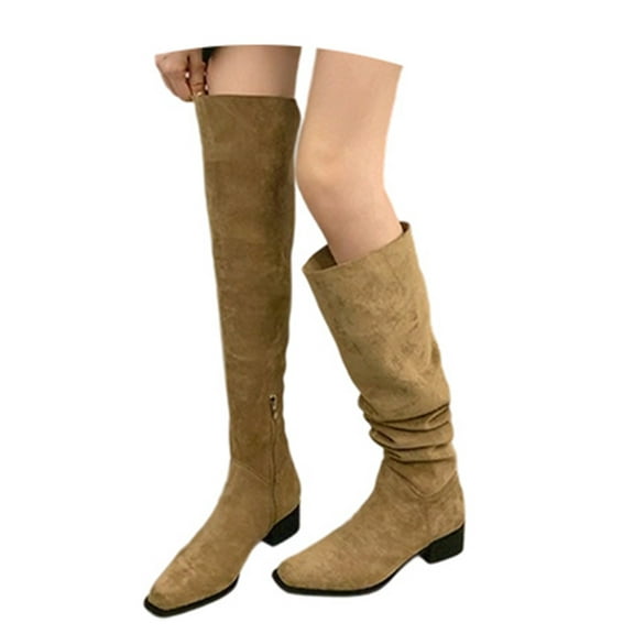 Boots for Women,Stylish Pointed Toe Ruffled Knee High Fashion Boots with Mid Heel for Casual All Seasons Wear,Knee High Boots Women,Beige,7