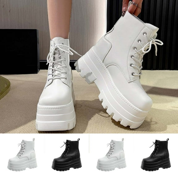 Boots for Women TKYCMSUAKI Fashion Block Heel Platform Combat Ankle Booties Women's Lace up Studded Motorcycle Boots Mid Calf Boots