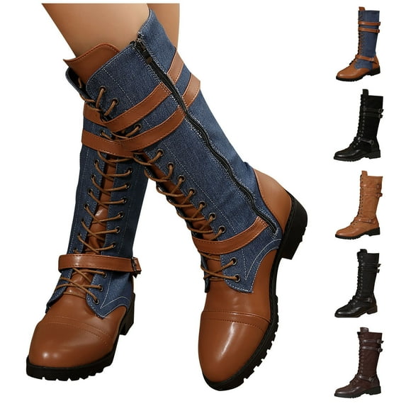 Boots for Women TKYCMSUAKI Womens Denim Knee High Boots Low Heels Lace Up Combat Boots Buckles Skinny Calf Boots Vintage Western Cowgirl Boots