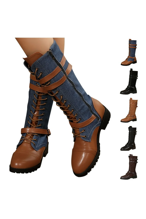 Boots for Women TKYCMSUAKI Womens Denim Knee High Boots Low Heels Lace Up Combat Boots Buckles Skinny Calf Boots Vintage Western Cowgirl Boots